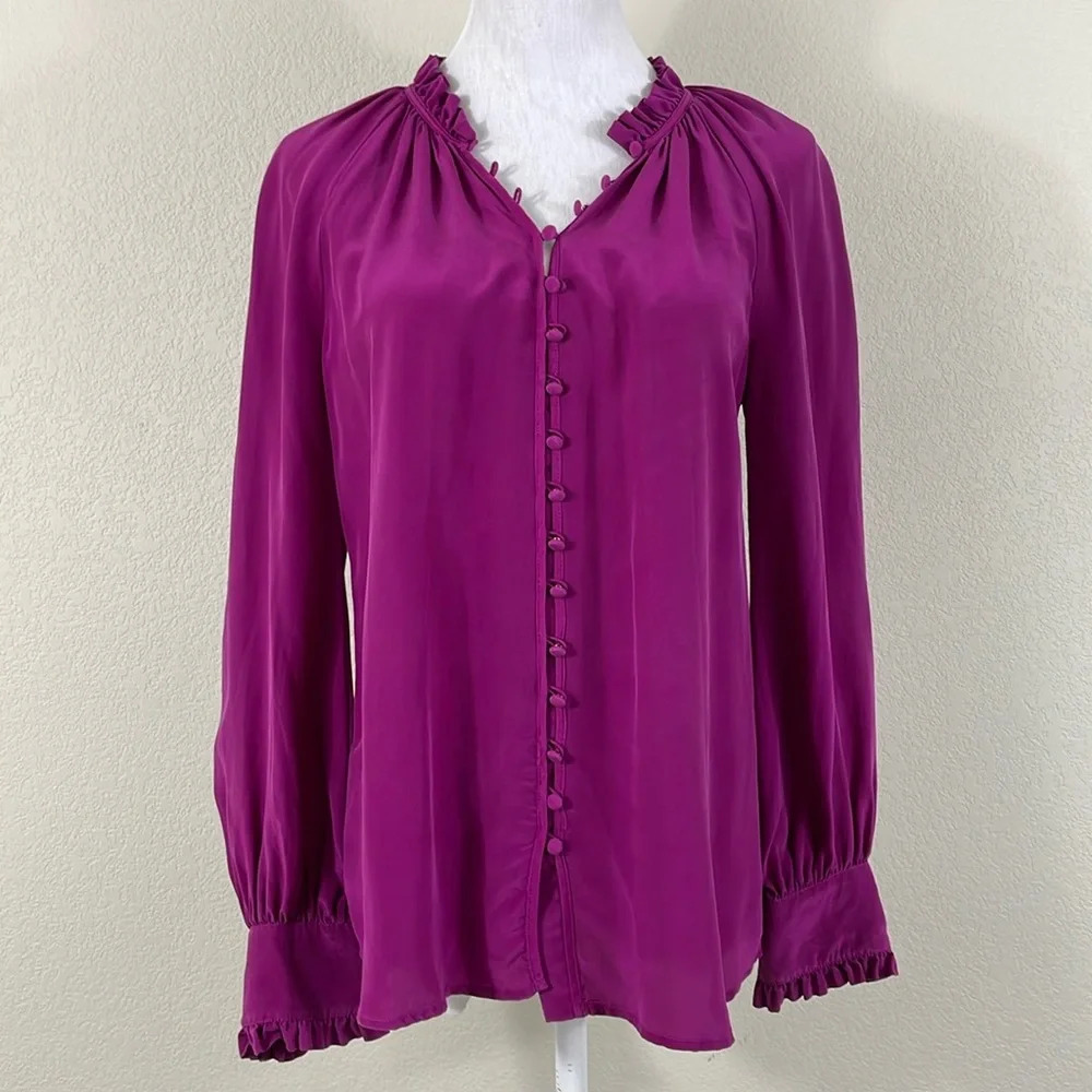 Trina Turk magenta 100% silk long sleeve ruffle button down blouse‎ size medium